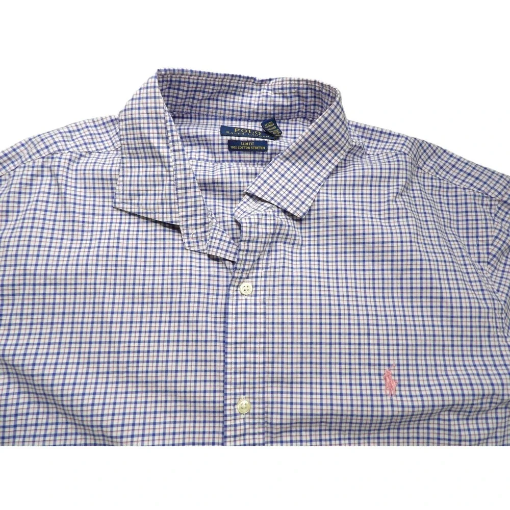 Polo Ralph Lauren Shirt Men XXL Slim Fit Plaid Check Long Sleeves Cotton Stretch